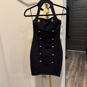 Elegant Black Halter Dress with Gold Accents